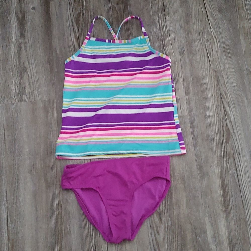 Spotted Zebra stiped top solid  bottom tankini bathing suit swimsuit Sz M (8)